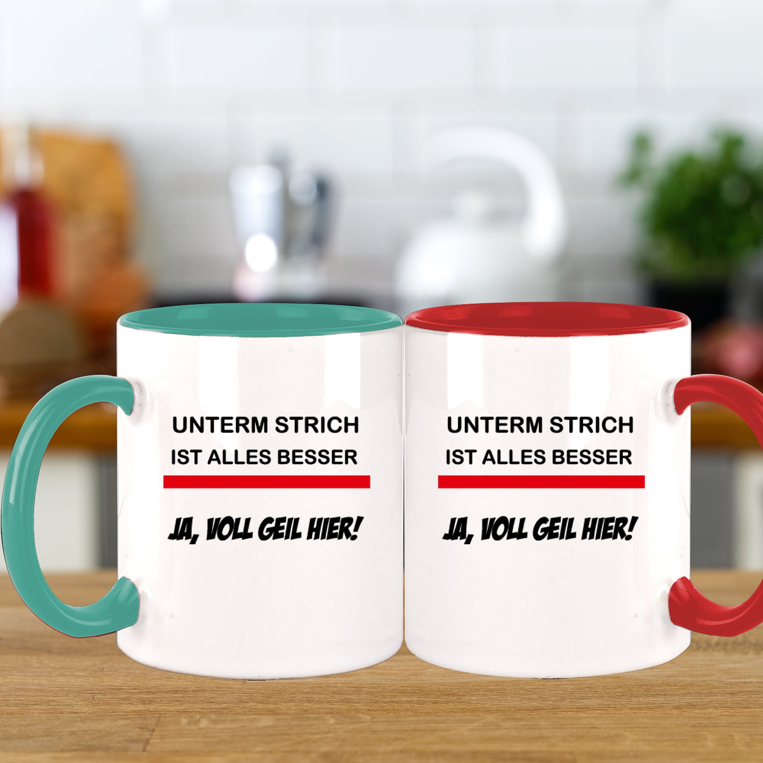 FUNNYWORDS® Rote Streifen Serie UNTERM STRICH IST ALLES BESSER Kaffeebecher